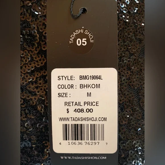 Sequin Cocktail Dress Long, Tadashi Shoji Stretch Black & Copper. Long Sleeve - Picture 6 of 14